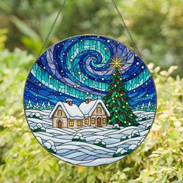 Winter Village Christmas Tree Starry Night Aurora Borealis Glowing Tiffany Holiday Art Stained Glass Suncatcher