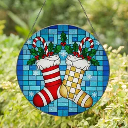 Christmas Stockings Candy Canes Holly Berries Snowflakes Stained Glass - Festive Holiday Gift Stained Glass Suncatcher