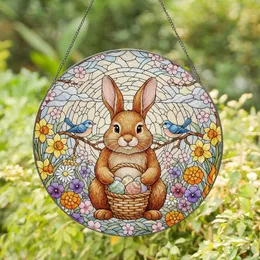 Brown Bunny Easter Eggs Spring Flowers Birds Tiffany Glass Jewel Tones - Spring Gift Stained Glass Suncatcher