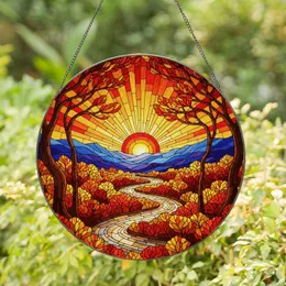 Autumn Landscape Setting Sun Mountains River Gnarled Trees Stained Glass Style - Fall Decor Stained Glass Suncatcher