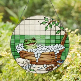 Green Frog in Bathtub Stained Glass Art - Bathroom Mosaic Home Decor & Frog Lover Gift Stained Glass Suncatcher