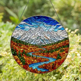 Majestic Snow-Capped Mountains River Valley Autumn Forest Stained Glass Nature Art Stained Glass Suncatcher