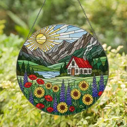 Cozy Cottage Red Roof Lake Mountain Sun Wildflower Tiffany Stained Glass Scenic Art Decor Stained Glass Suncatcher