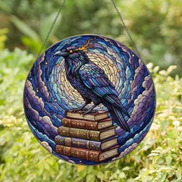 Iridescent Raven & Spellbooks on Ancient Tomes - Cosmic Tiffany Stained Glass Stained Glass Suncatcher