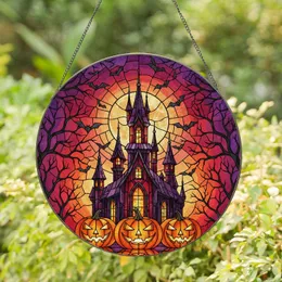 Gothic Haunted Castle Jack-o'-Lanterns Bats Full Moon Skeletal Trees Halloween Decor Stained Glass Suncatcher
