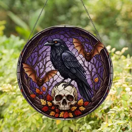 Black Raven Skull Bats Autumn Leaves Deep Purple Sky Tiffany Stained Glass Decor Stained Glass Suncatcher
