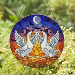 White Geese Witch Hats Bats Crescent Moon Autumnal Flowers - Halloween Witchy Decor Gift Stained Glass Suncatcher
