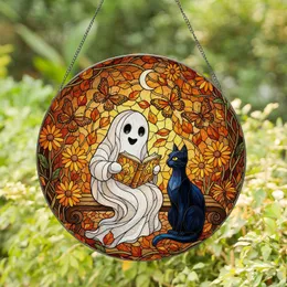 Stained Glass Ghost Reading Book Black Cat Autumn Wildflowers Crescent Moon Stained Glass Suncatcher