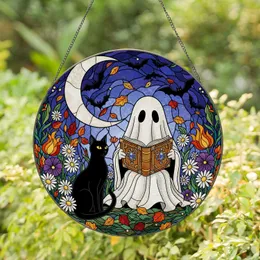 Ghost & Black Cat Reading Book with Moon & Bats - Stained Glass Autumn Halloween Art Stained Glass Suncatcher