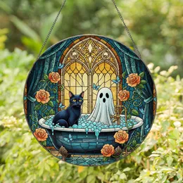 Black Cat White Ghost Bathtub Clawfoot - Tiffany Stained Glass Window Art Roses Stained Glass Suncatcher