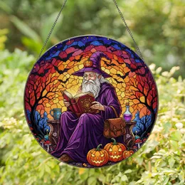 Wizard Jack-o'-lanterns Magical Book Purple Potion Bottles Halloween Bats Stained Glass Stained Glass Suncatcher
