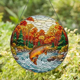 Brown Trout Leaping River Stained Glass Autumn Forest - Nature Art Gift for Anglers Stained Glass Suncatcher