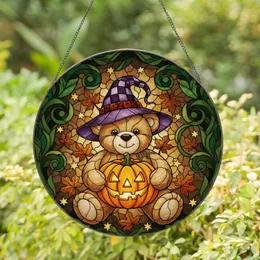Teddy Bear Witch Hat Jack-o'-Lantern Autumn Foliage Intricate Mosaic Halloween Art Stained Glass Suncatcher