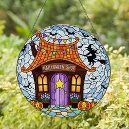 Halloween Shop Stained Glass Art - Witch Jack-o'-Lantern Purple Star Door Decor Stained Glass Suncatcher