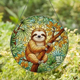Cute Smiling Sloth Tiffany Glass Style Jungle Foliage - Dappled Sunlight Tropical Mosaic Stained Glass Suncatcher