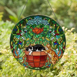 Black Tuxedo Cat Orange Tabby Stained Glass Tiffany - Sleeping, Climbing Cats Botanical Stained Glass Suncatcher