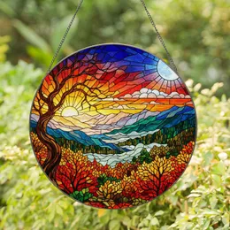 Radiant Full Moon Rising Sun Mountain Valley Tiffany Glass - Autumn Gnarled Tree Art Decor Stained Glass Suncatcher