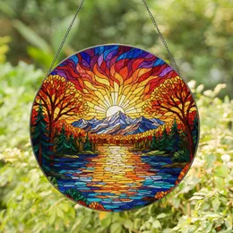 Stained Glass Sunset Lake Mountain Forest Autumn Trees Dynamic Sky Reflecting Water Stained Glass Suncatcher