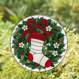 Christmas Stocking Holly Wreath Tiffany Stained Glass Art - Festive Holiday Decor Gift Stained Glass Suncatcher