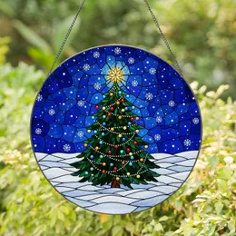 Christmas Pine Tree Stained Glass Art - Decorated Lights, Snow, Winter Night Sky Mosaic Stained Glass Suncatcher