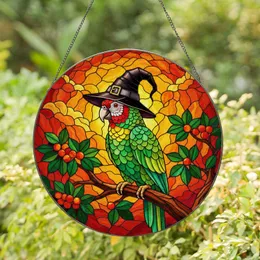 Green Parrot Witch Hat Stained Glass Sunset Mosaic - Tiffany Style Decor Jewel Tones Stained Glass Suncatcher