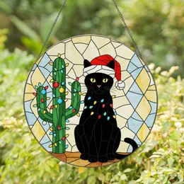 Black Cat Santa Hat Christmas Lights Cactus Stained Glass Tiffany Art Holiday Decor Stained Glass Suncatcher