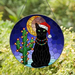 Black Cat Santa Hat Christmas Cactus - Stained Glass Holiday Gift for Cat Lovers Stained Glass Suncatcher