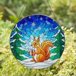 Squirrel Gift Box Snow Pine Tree Forest Starry Night - Stained Glass Winter Holiday Gift Stained Glass Suncatcher