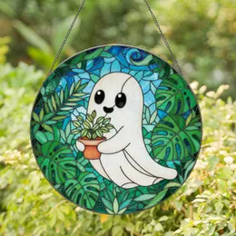 Cartoon Ghost Potted Plant Monstera Leaves Stained Glass Art Mosaic Botanical Sky Stained Glass Suncatcher