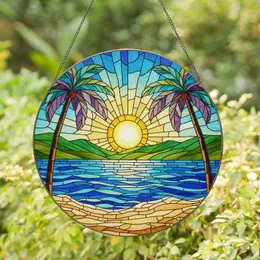 Tiffany Stained Glass Sun Palm Trees Ocean Beach Hills Intricate Colorful Jewel Tones Stained Glass Suncatcher