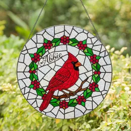 Personalized Cardinal Stained Glass Art with Abbie Name, Ruby Berry Wreath, Tiffany Mosaic