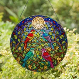 Vibrant Mosaic Birds Tiffany Stained Glass - Full Moon Celestial Foliage Jewel Tones Stained Glass Suncatcher