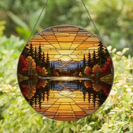 Stained Glass Lake Sunset Mountain Pine Trees Autumn Foliage Reflection Stained Glass Suncatcher