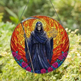 Grim Reaper Skeleton Scythe Arcane Golden Orb Deep Pink Blue Roses Tiffany Stained Glass Stained Glass Suncatcher