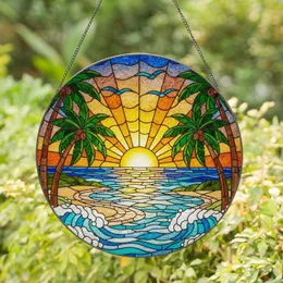 Tiffany Stained Glass Sunset Ocean Palm Trees Birds - Warm Hues Intricate Beach Decor Stained Glass Suncatcher