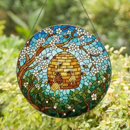 Rustic Beehive Honeycomb Bees Blossoming Tree Flowers - Jewel Tone Tiffany Glass Style Stained Glass Suncatcher