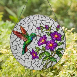 Iridescent Green Hummingbird Stained Glass Art with Tiffany Style Flowers & Mosaic Background Stained Glass Suncatcher