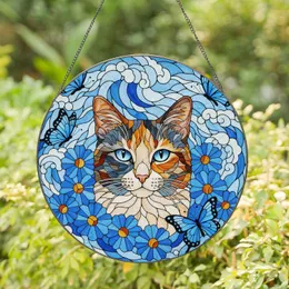 Majestic Calico Cat Stained Glass Blue Flowers Butterflies Tiffany Style Art Cat Lover Gift Stained Glass Suncatcher
