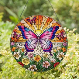 Detailed Stained Glass Butterfly Sun & Flowers - Glowing Jewel Tone Tiffany Decor Art Stained Glass Suncatcher