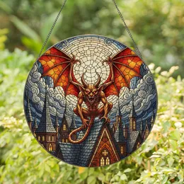 Menacing Horned Gargoyle Stained Glass Art - Gothic Medieval Castle Full Moon Mosaic Stained Glass Suncatcher