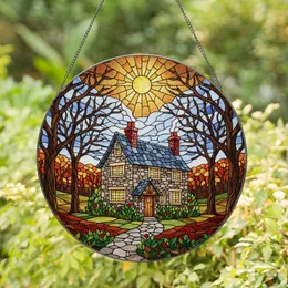 Stone Cottage Stained Glass Art - Radiant Sun, Autumn Trees, Jewel Tone Home Decor Gift Stained Glass Suncatcher
