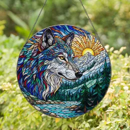 Majestic Wolf Head Profile Mountain Lake Pine Forest Sun Stained Glass Style Tiffany Art Stained Glass Suncatcher