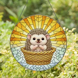 Baby Hedgehog Wicker Basket Stained Glass Art - Tiffany Style Sun Rays Mosaic Geometric Shapes Stained Glass Suncatcher