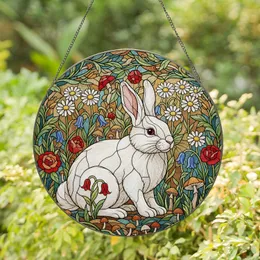 Fluffy White Rabbit Stained Glass - Vibrant Garden Botanical Mosaic Intricate Tiffany Art Stained Glass Suncatcher