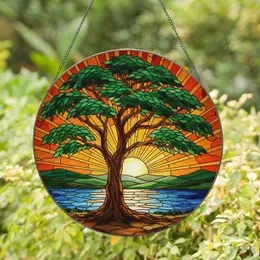 Gnarled Tree Sunset Reflected Water Stained Glass Style Art - Jewel Tone Forest Landscape Stained Glass Suncatcher