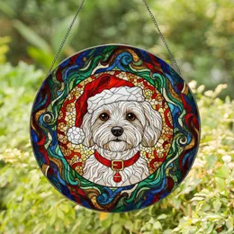 Fluffy White Maltese Maltipoo Dog Portrait Stained Glass Santa Hat Christmas Holiday Gift Stained Glass Suncatcher