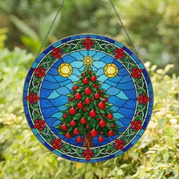 Stained Glass Christmas Tree Baubles Star Orbs Blue Sky Floral Border Holiday Gift Stained Glass Suncatcher