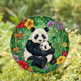 Adult Panda Cub Embrace Tiffany Stained Glass Tropical Jungle Flowers Jewel Tone Art Stained Glass Suncatcher