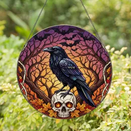 Black Raven Skull Bats Autumn Leaves Twisted Trees Twilight Sky - Fall Halloween Decor Stained Glass Suncatcher