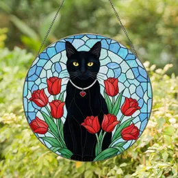 Black Cat Red Tulips Stained Glass Tiffany Style - Mosaic Geometric Art for Cat Lovers Stained Glass Suncatcher
